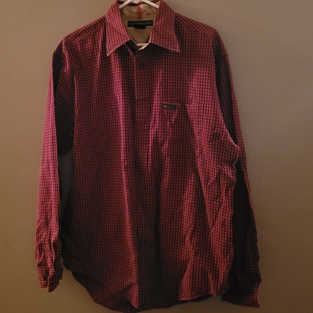 Tommy Hilfigure Men's Red Checkered Shirt Lg Long Sleeve